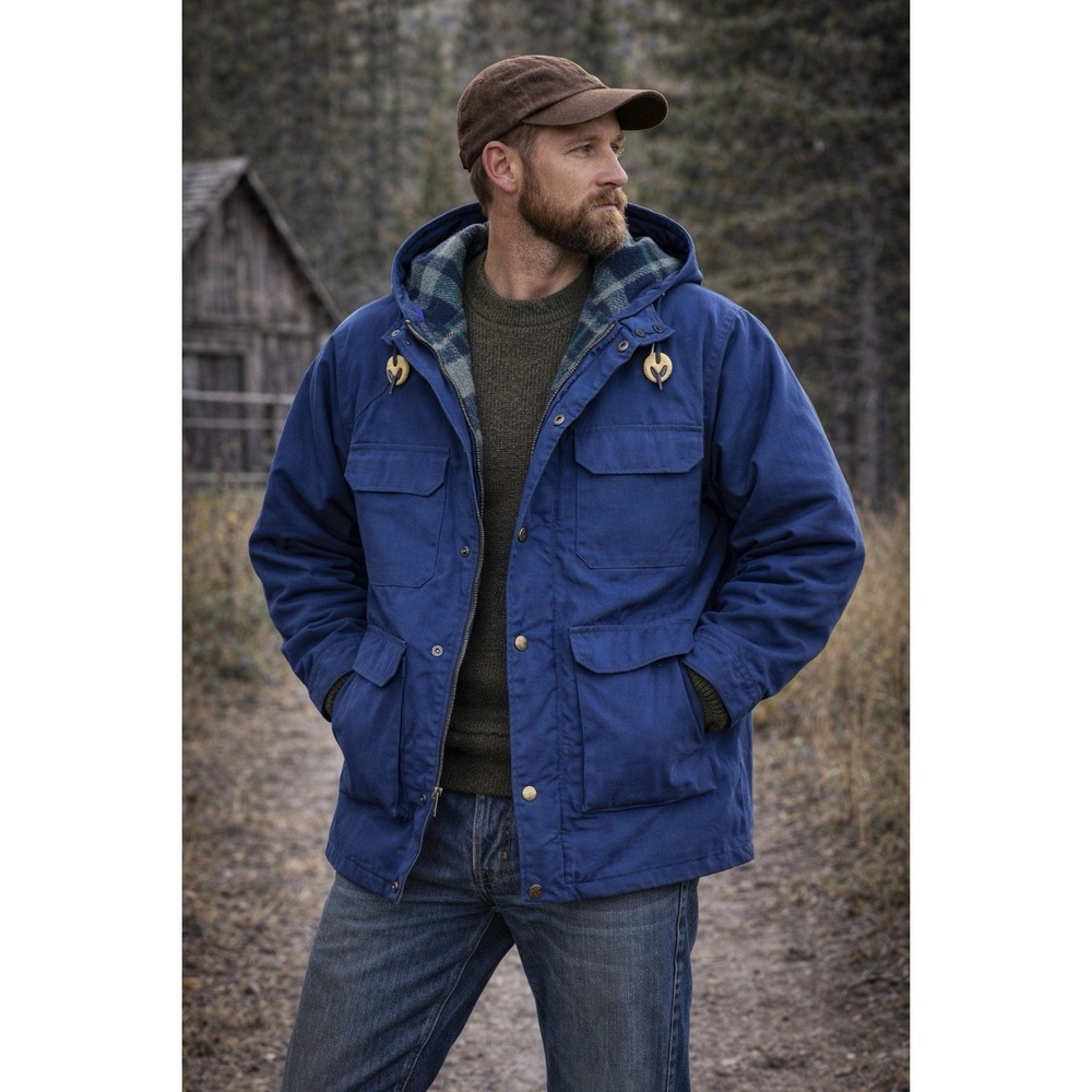 Vintage Fieldmaster Jacket Mens‎ L Blue Hooded Plaid Lined Barn Chore 90s Korea